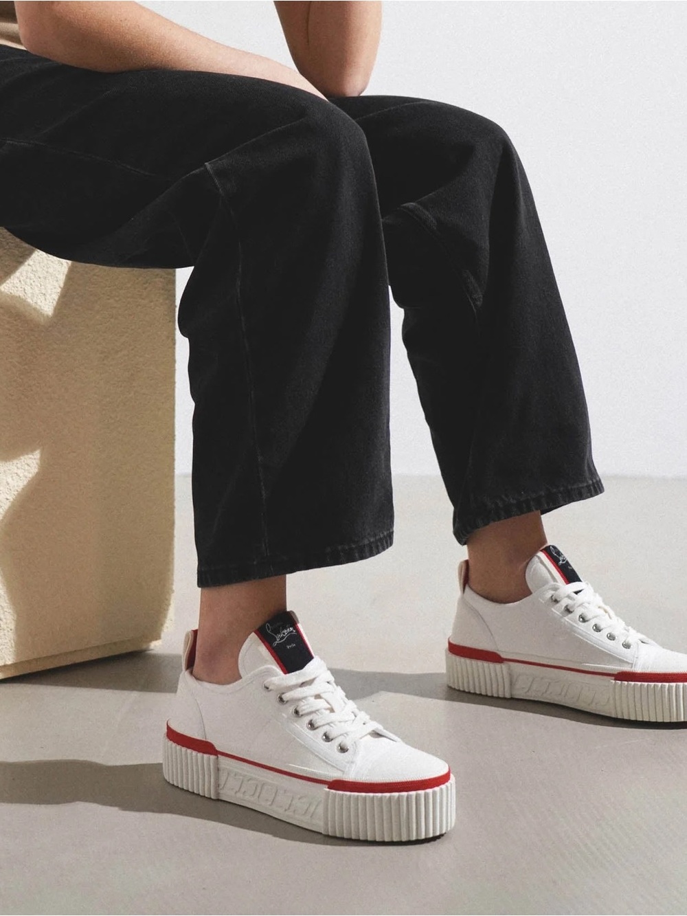 Christian Louboutin Ivory and Red Low-Top Canvas Sneakers